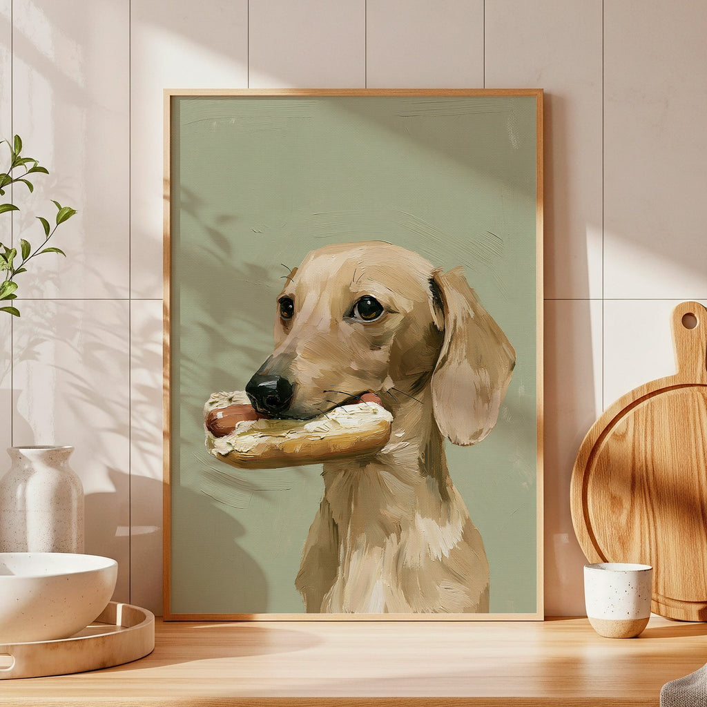 A contemporary oil-style art print of a dachshund holding a hotdog in its mouth, painted in warm golden tones against a soft sage green background with expressive brushwork.