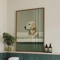 Golden retriever in bubble bath minimalist oil painting wall art print, sage green tones, framed in bathroom setting