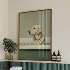 Golden retriever in bubble bath minimalist oil painting wall art print, sage green tones, framed in bathroom setting