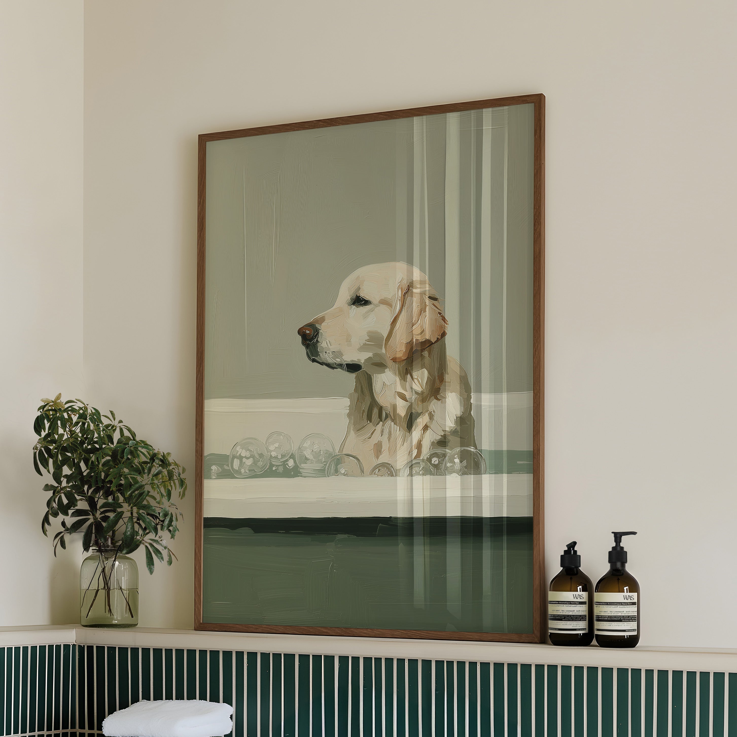 Golden retriever in bubble bath minimalist oil painting wall art print, sage green tones, framed in bathroom setting