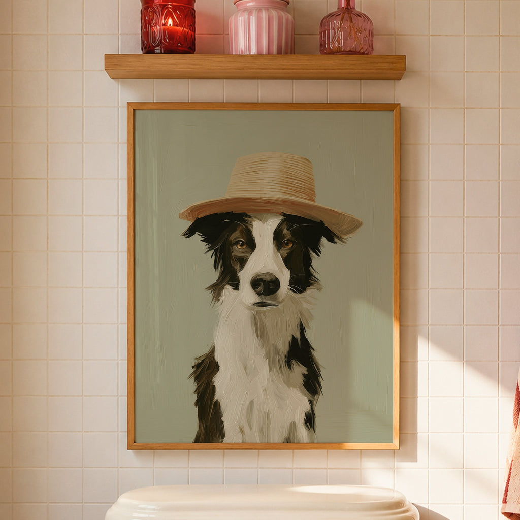 A framed art print of a black and white dog wearing a straw hat, displayed on a bathroom wall above a toilet tank with a wooden shelf holding decorative items.