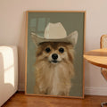 Yeehaw — oil painting style portrait print of a golden Pomeranian wearing a cowboy hat, sage green background