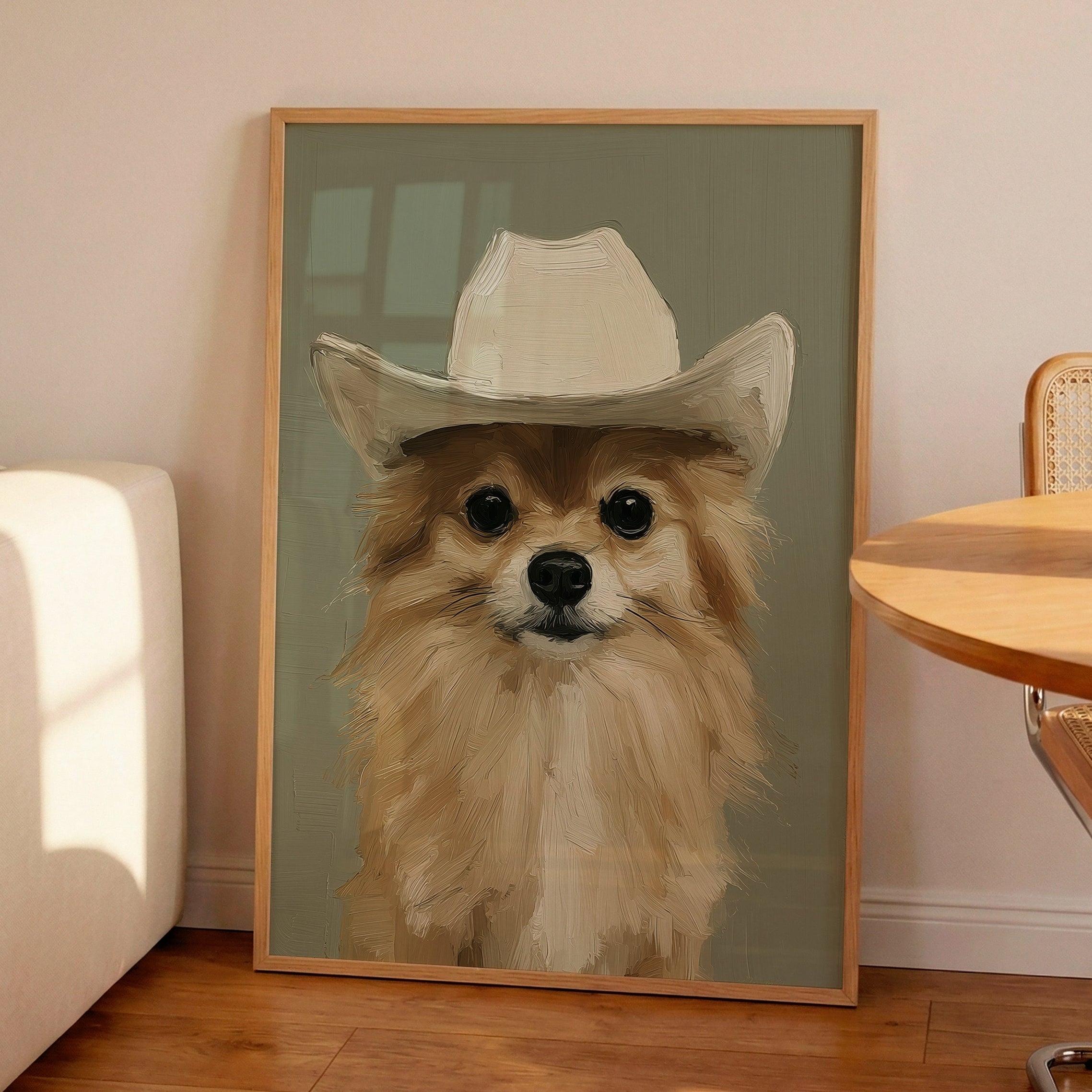 Yeehaw — oil painting style portrait print of a golden Pomeranian wearing a cowboy hat, sage green background