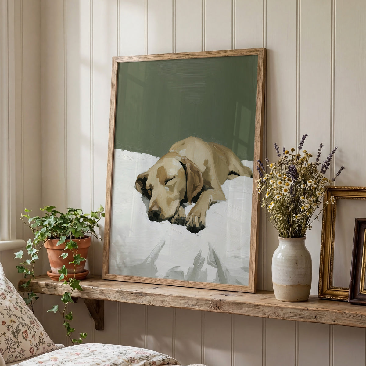 Oil painting print of a Vizsla dog sleeping stretched out on white bedding, set against a muted sage green background in a minimalist style.