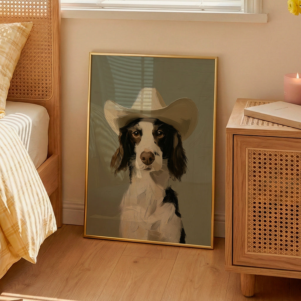 Minimalist oil painting print of a cocker spaniel wearing a cowboy hat against a sage green background