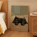 oil painting style portrait print of two black labradors peeking out from under a duvet, sage green background
