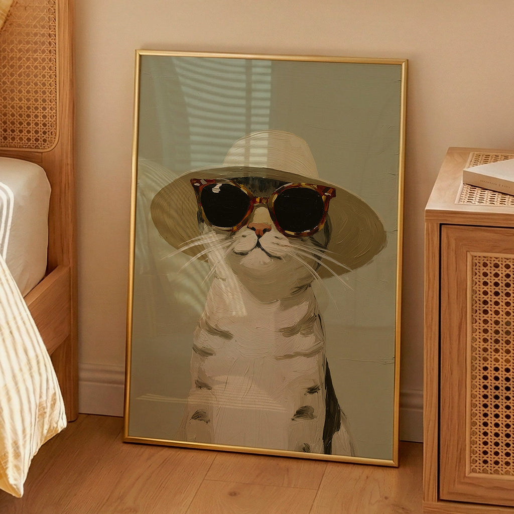 Minimalist oil painting print of a tabby cat wearing an oversized wide brim sun hat and tortoiseshell cat eye sunglasses, painted in warm neutral tones against a soft sage green background