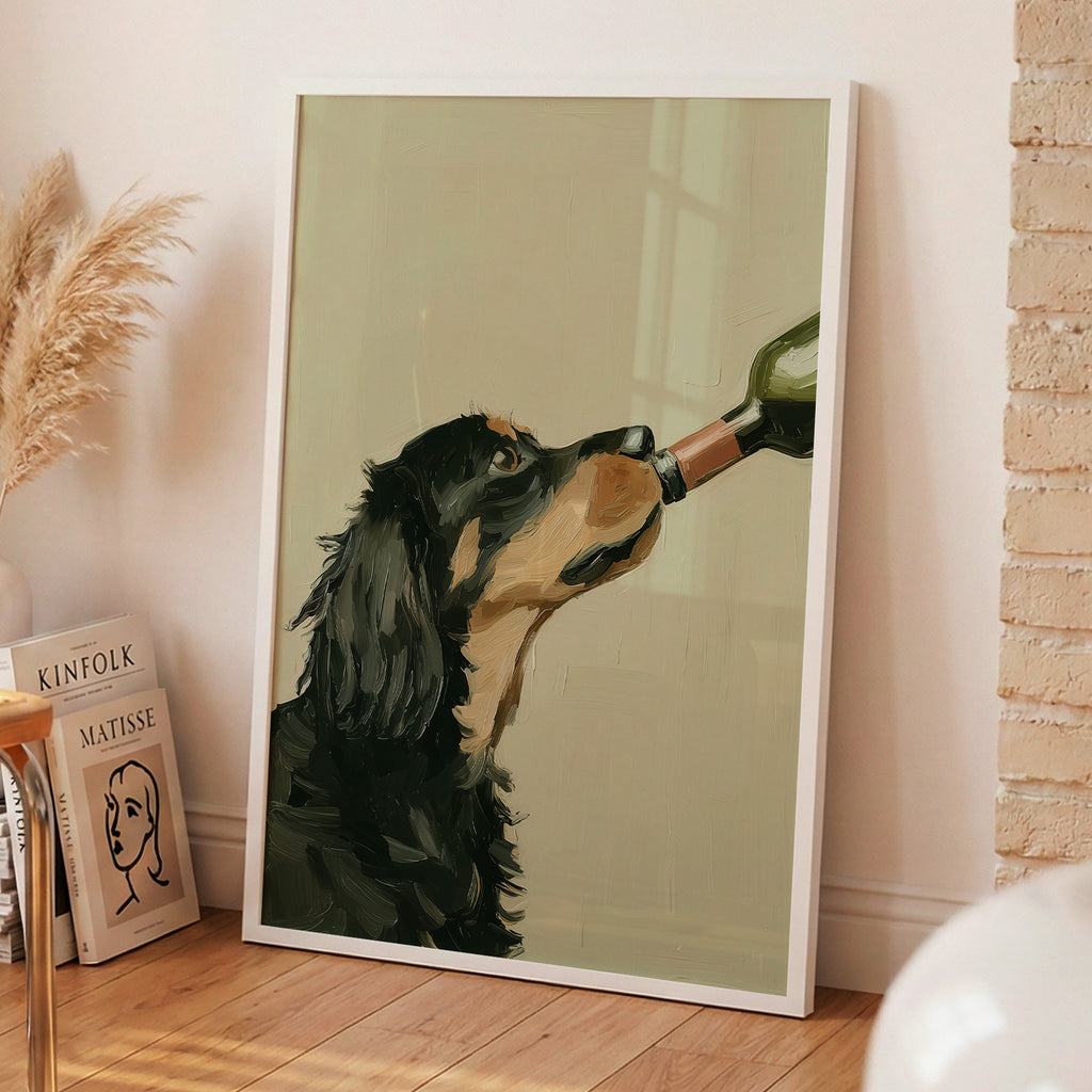 oil painting style portrait print of a black and tan spaniel drinking from a wine bottle, sage green background