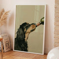 oil painting style portrait print of a black and tan spaniel drinking from a wine bottle, sage green background