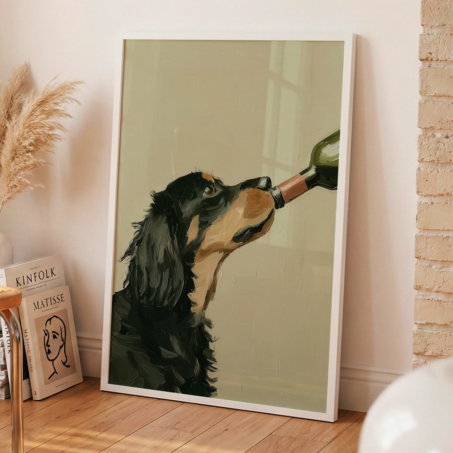 oil painting style portrait print of a black and tan spaniel drinking from a wine bottle, sage green background