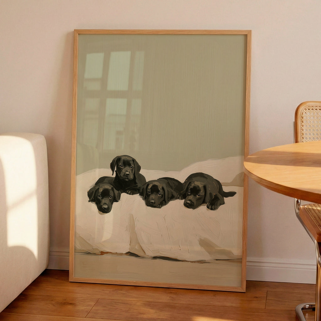 A contemporary oil-style art print of four black Labrador puppies resting on white bedding, painted in warm tones against a soft sage green background with expressive brushwork.