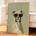 A contemporary oil-style art print of a fawn Boxer dog wearing oversized tortoiseshell sunglasses, painted in warm cream and sage green tones with expressive impasto brushwork.