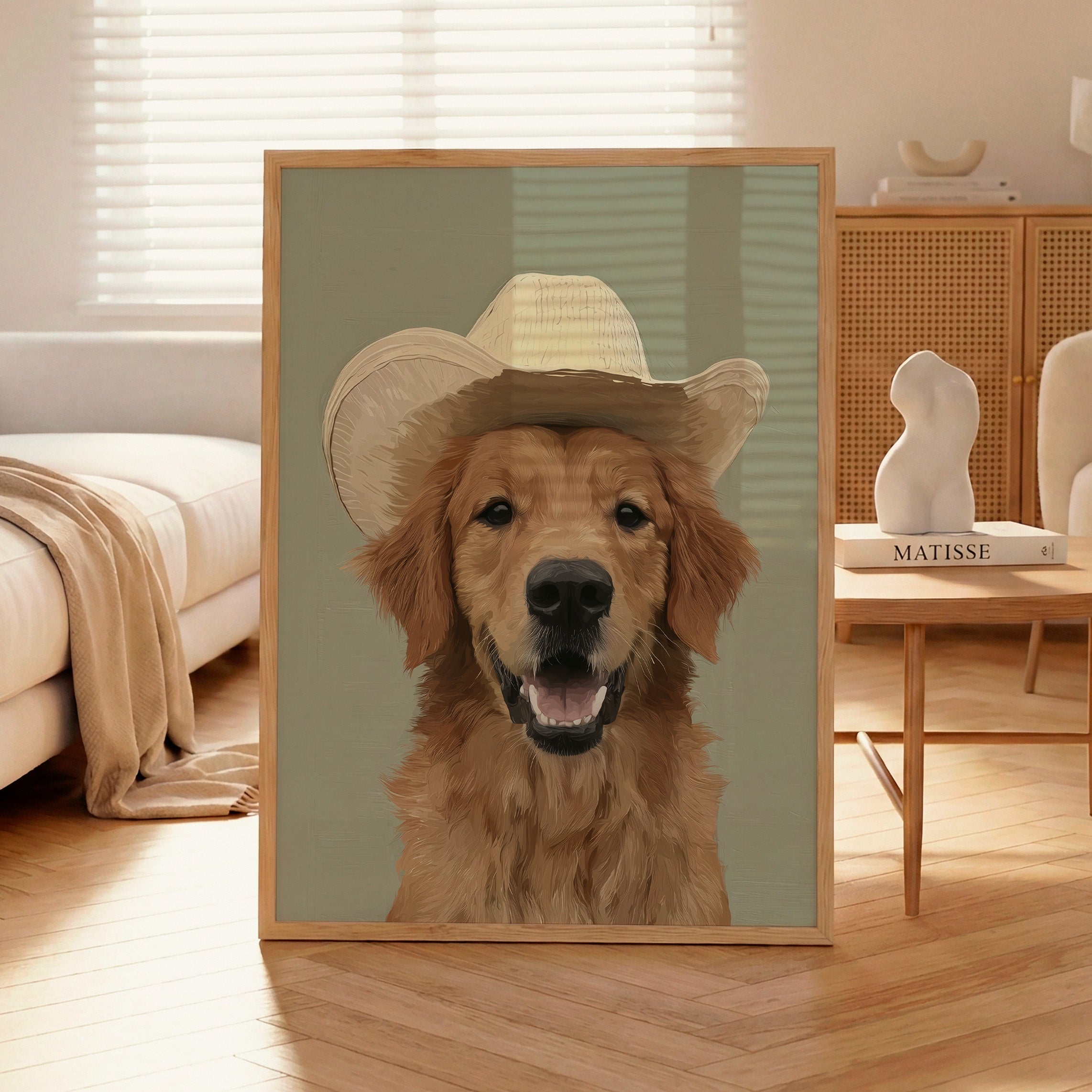 Grinner — oil painting style portrait print of a smiling golden retriever wearing a cowboy hat, sage green background