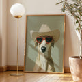 Minimalist oil painting print of a fawn greyhound wearing an oversized cowboy hat and red heart shaped sunglasses, painted in warm sandy tones against a soft sage green background