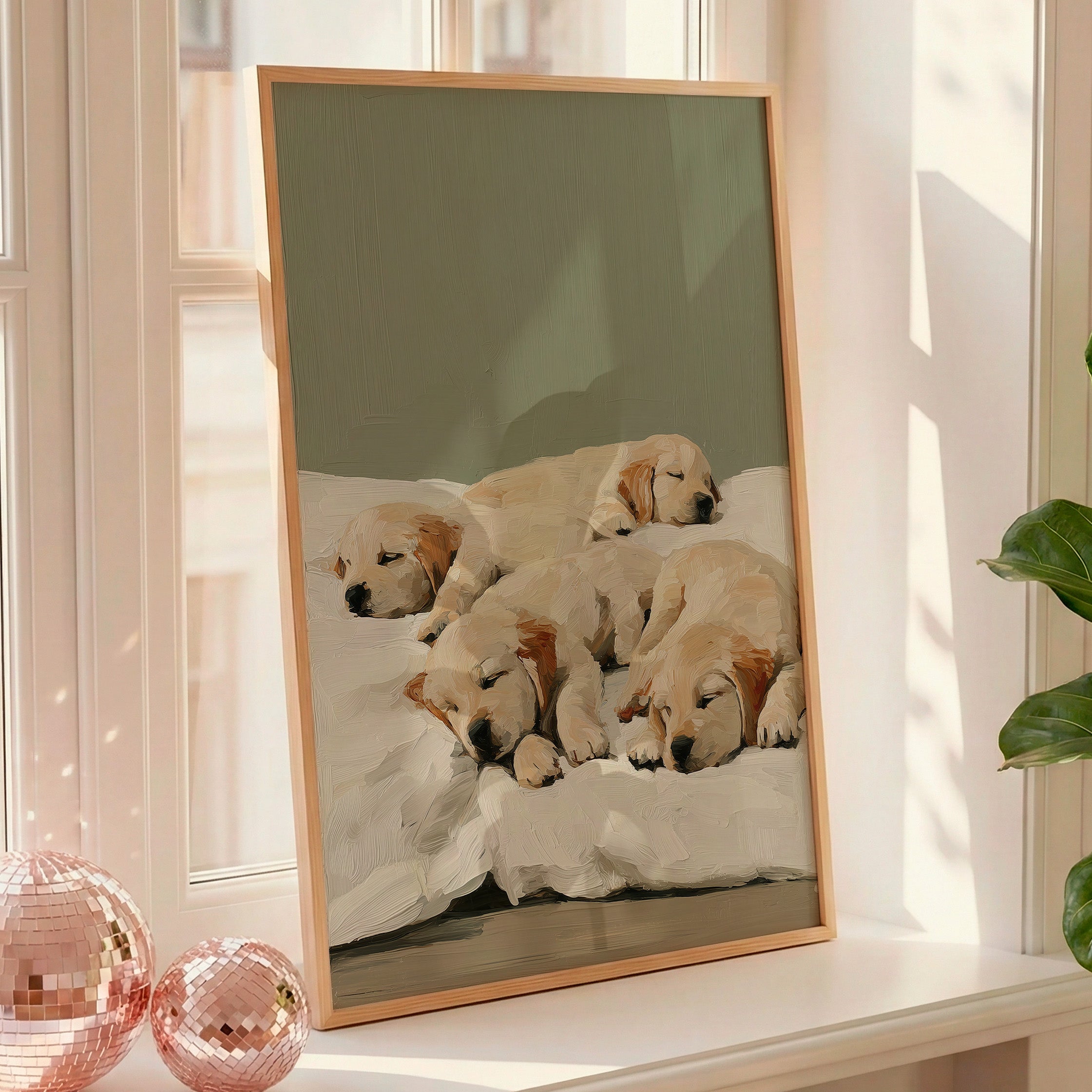 A contemporary oil-style art print of four golden retriever puppies sleeping together on white bedding, painted in warm cream and honey tones against a soft sage green background.