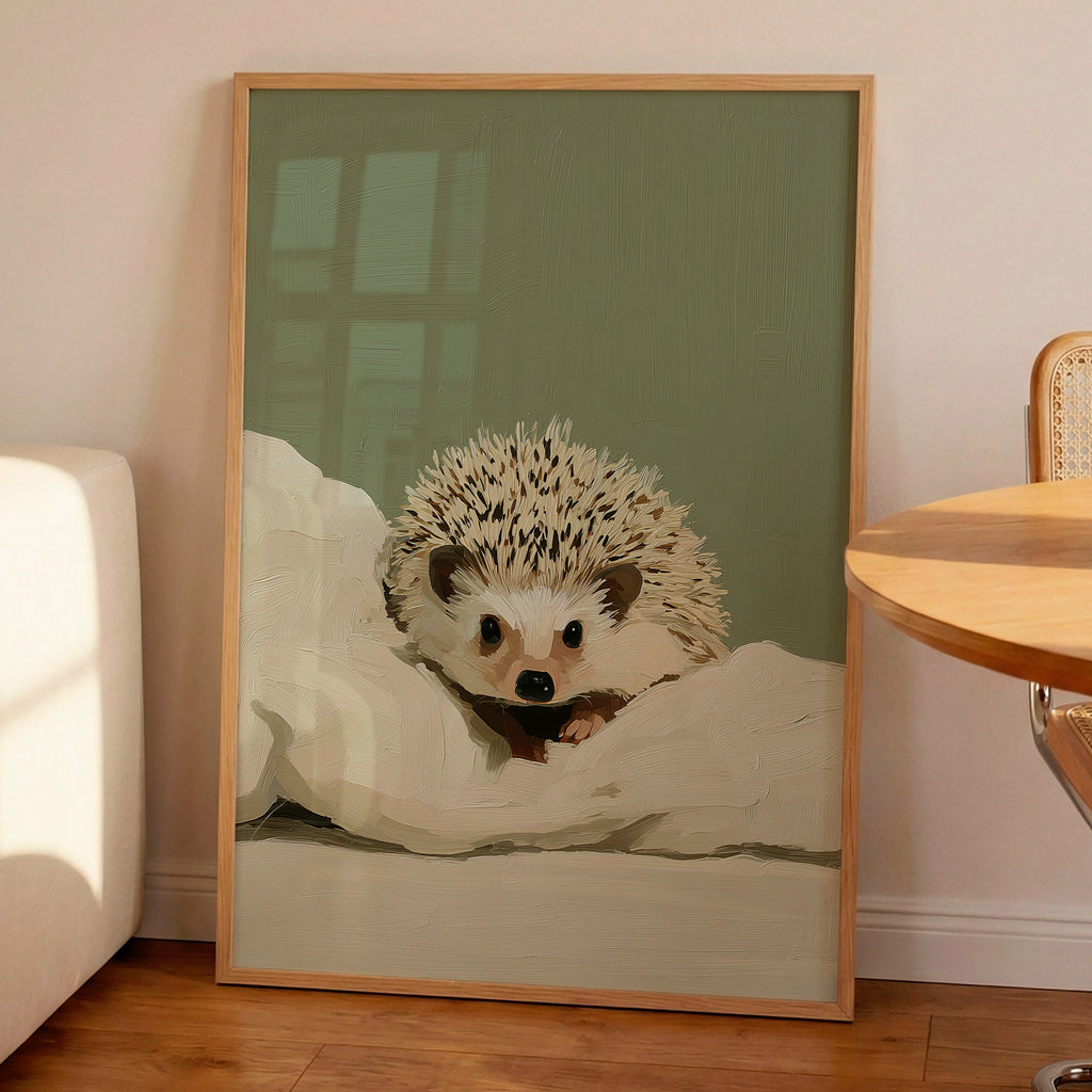 A contemporary oil-style art print of a hedgehog peeking out from white bedding, painted in warm cream and amber tones against a soft sage green background.