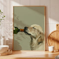 Oil painting style illustration of a golden retriever sniffing the neck of a green wine bottle, set against a muted sage green background. Minimalist wall art print.