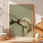 Oil painting style illustration of a golden retriever sniffing the neck of a green wine bottle, set against a muted sage green background. Minimalist wall art print.