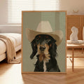 oil painting style portrait print of a black and tan dog wearing a cowboy hat, sage green background