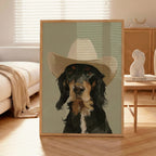 oil painting style portrait print of a black and tan dog wearing a cowboy hat, sage green background
