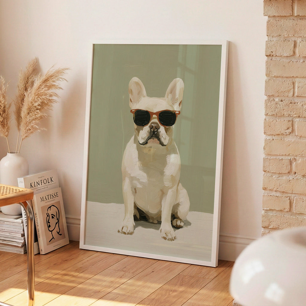 A contemporary oil-style art print of a French Bulldog wearing tortoiseshell sunglasses, sitting upright against a soft sage green background with expressive brushwork.