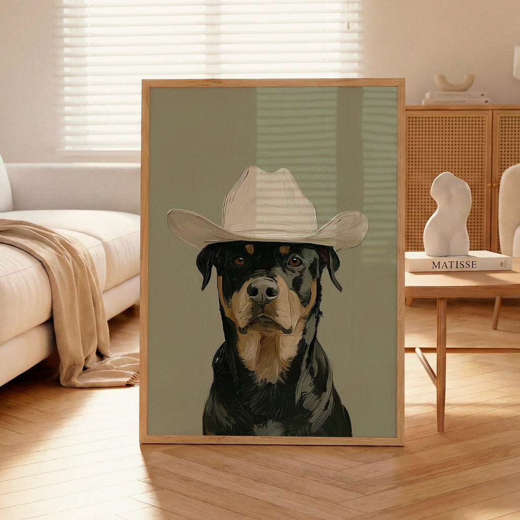 A framed art print featuring a portrait of a Rottweiler dog wearing a white cowboy hat, displayed in a modern, sunlit living room with a sofa, coffee table, and wooden floor.